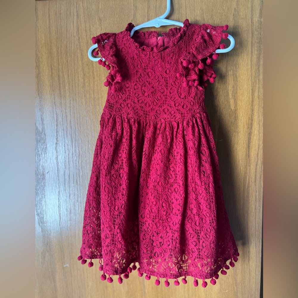 Elegant Red A-line Lace Dress with Flutter Cap Sleeves and Pom Pom Edging